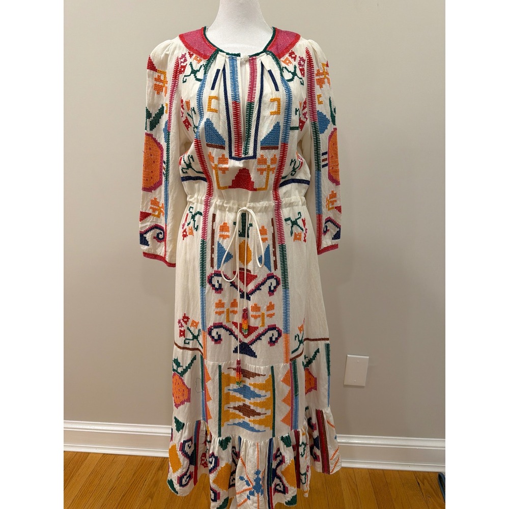 Farm Rio Embroidered Linen Blend Midi Dress Multi Color Boho Tiered Southwest S